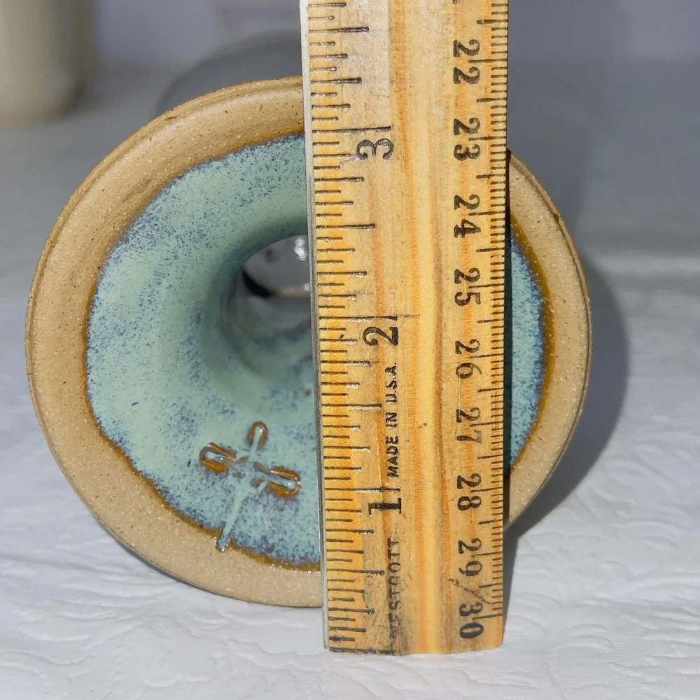 Unbranded Pottery Small Bud Tea Candle Blue Glaze Dragonfly Mark Stoneware Decor